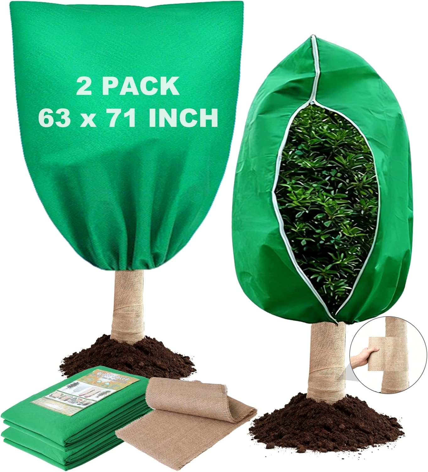 4 Pack 47 x 71 Inch Plant Covers Freeze Protection, Frost Cloth Plant Freeze Protection with Burlap Tree Wrap, Reusable Breathable Freeze Blankets with Drawstring for Fruit Tree Shrub Potted