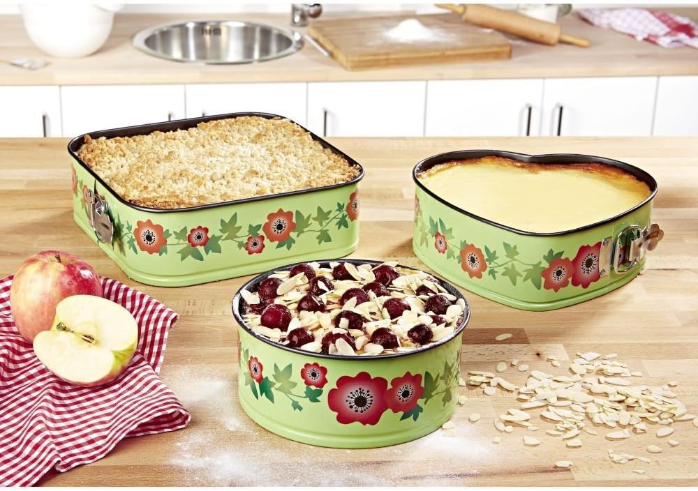 3-Piece Springform Bakeware Set Includes Heart Mould Plus Square Baking Tray Cake Tin Non-Stick Coating