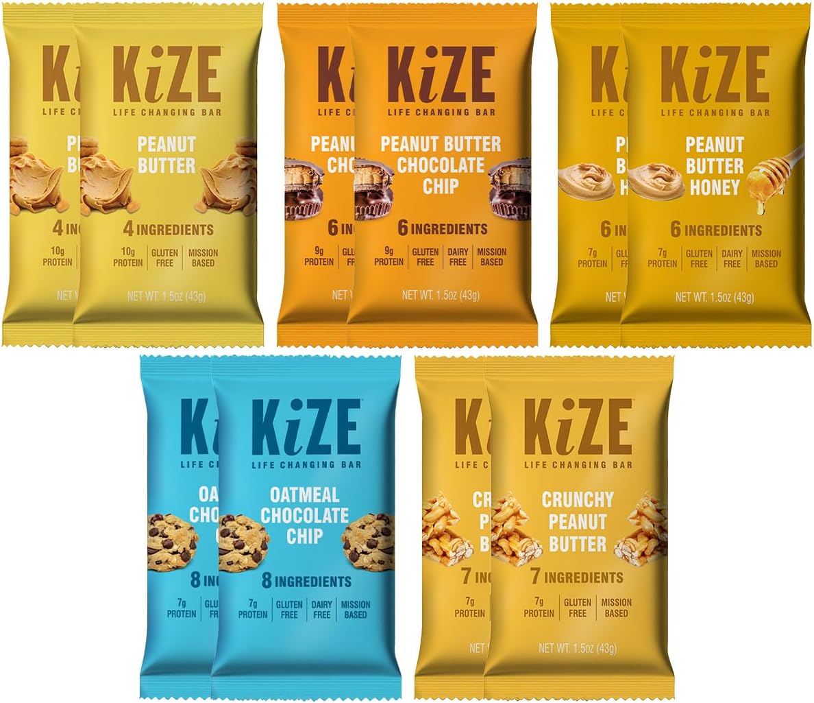 KiZE Energy Bars - Peanut Butter Lovers Variety Pack - Gluten Free, Dairy Free Options, Non-GMO, and High Protein Meal Replacement Energy Bars, Clean and Simple Food Ingredients - 7-10g High Protein Snacks, (10 Count)