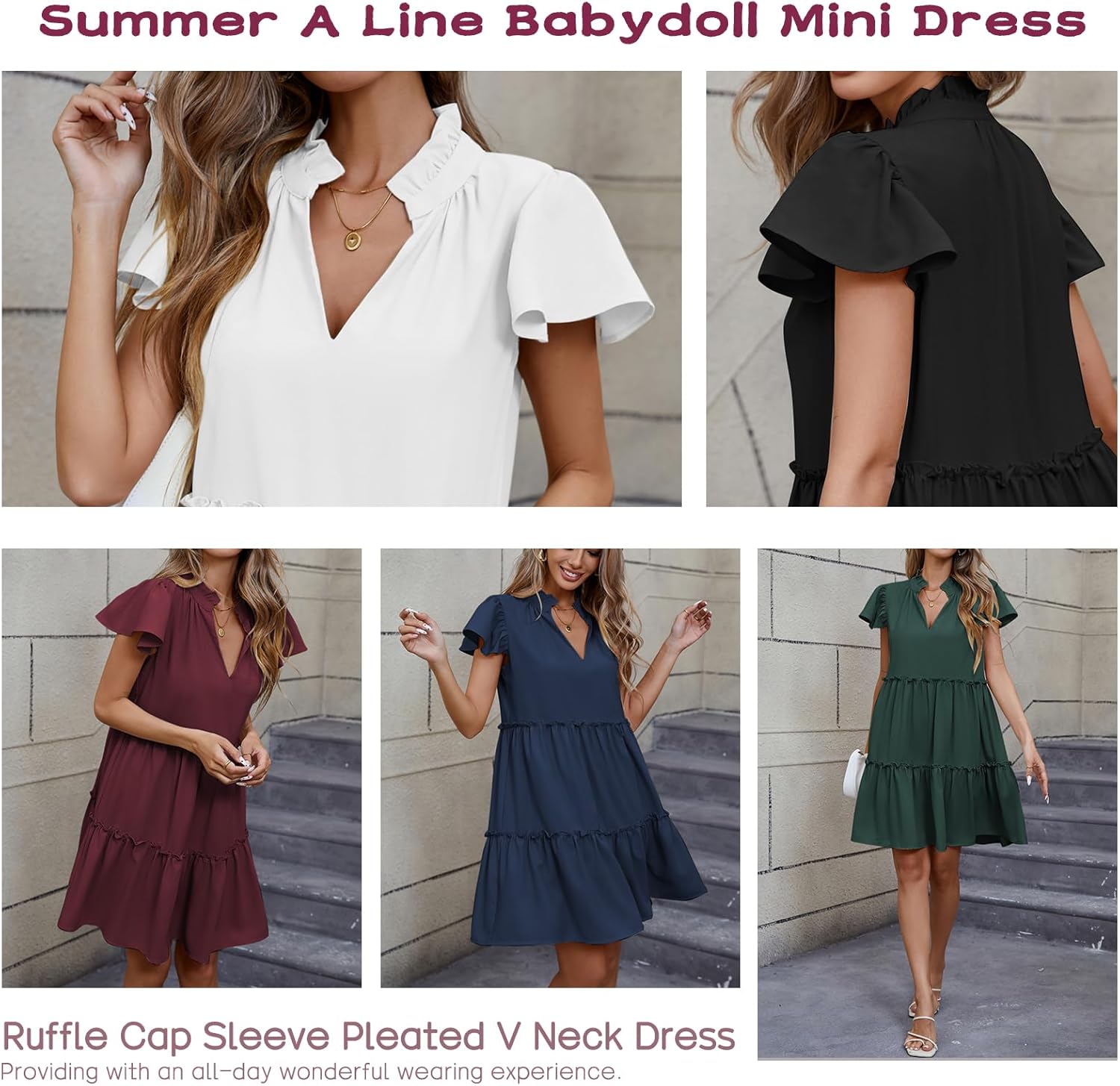 Famulily Summer Dress for Women Ruffle Cap Sleeve Pleated V Neck Dress Tiered Swing A Line Babydoll Mini Dress - Image 6
