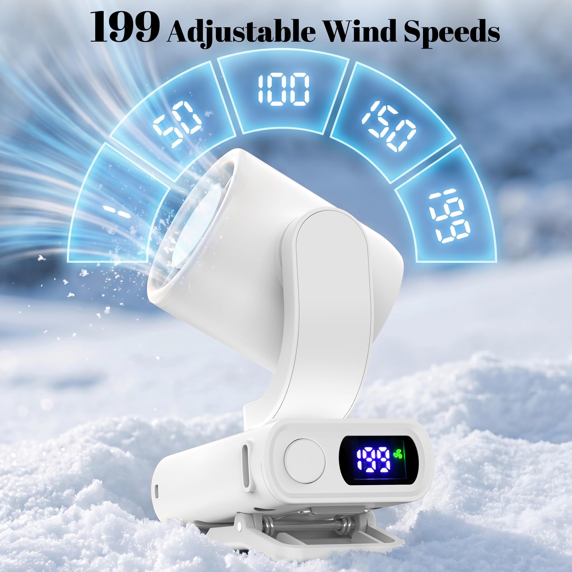 Mini ventilatore portatile a clip, piccolo ventilatore personale silenzioso alimentato a batteria USB-C ricaricabile regolabile a 199 velocità leggero per esterni, viaggi e ufficio, bianco