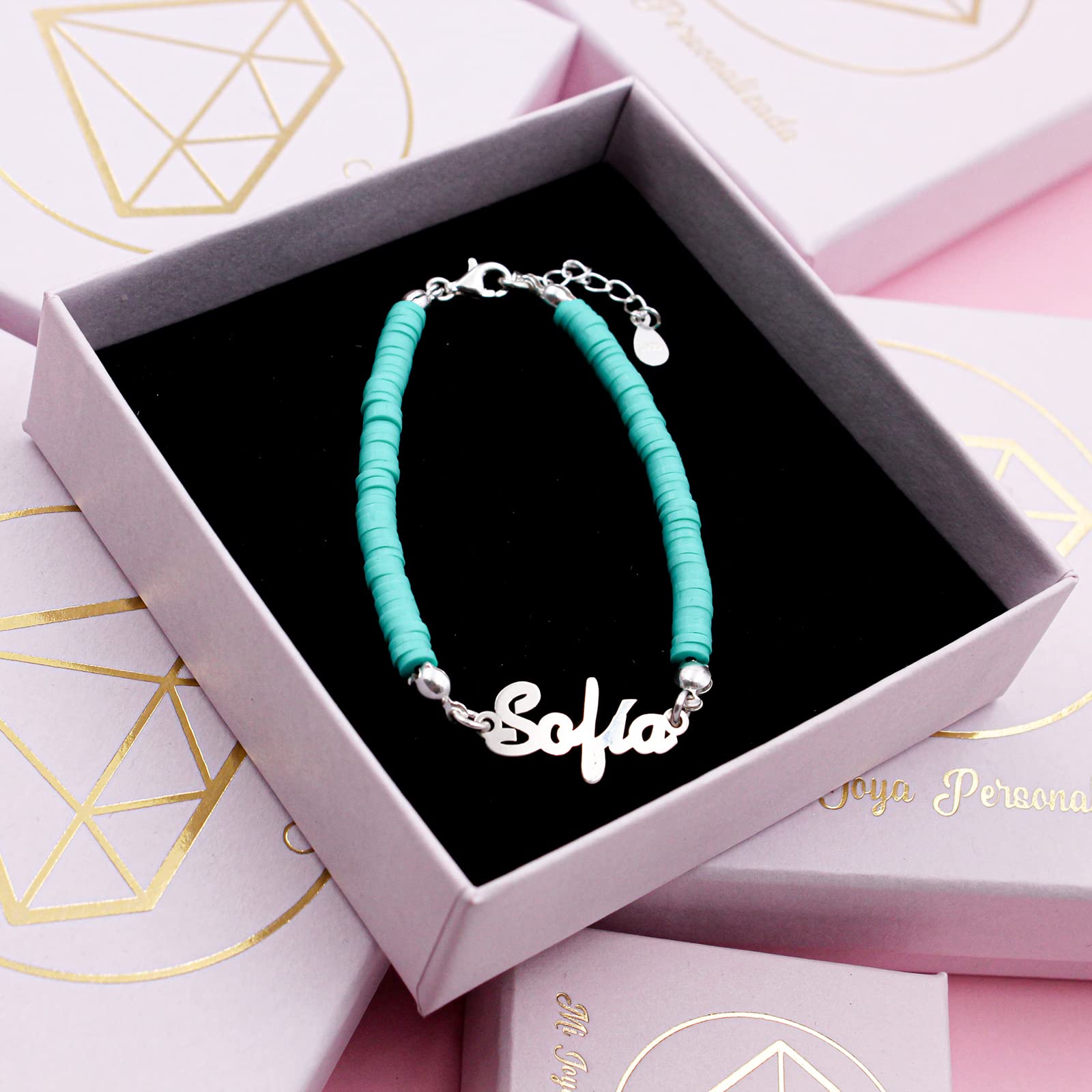 Pulsera Personalizada con Nombre de Plata de Ley y Arcilla Polimérica de Colores- Regalo para mujer hija nieta (Rosa chicle)