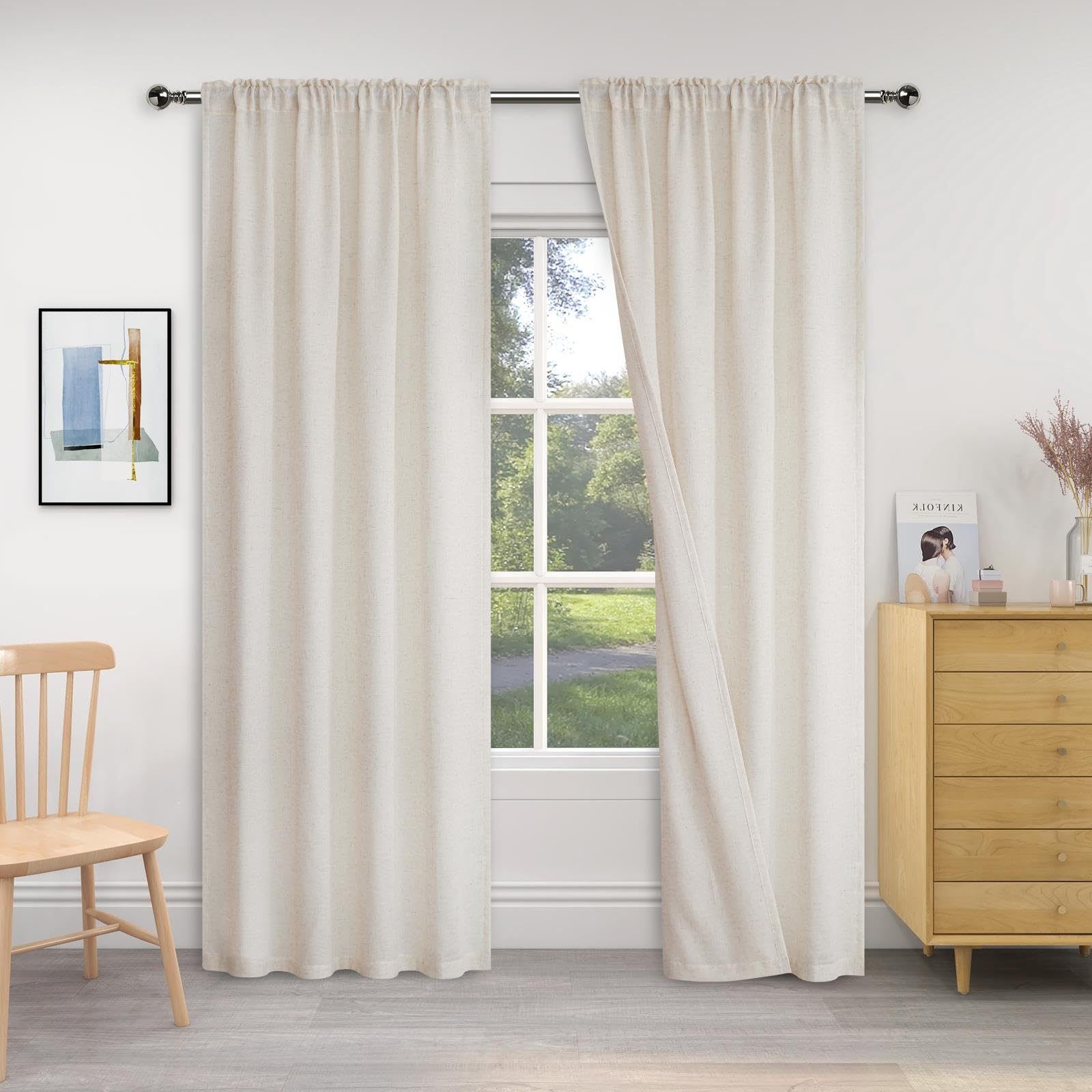 AOWELLOW 84 Inch White Linen Curtains & Drapes, Farmhouse Boho Semi-Sheer Light Filtering Drapes with Rod Pocket, Bedroom Curtains 2 Panel Sets Window Treatments Decor for Living Room
