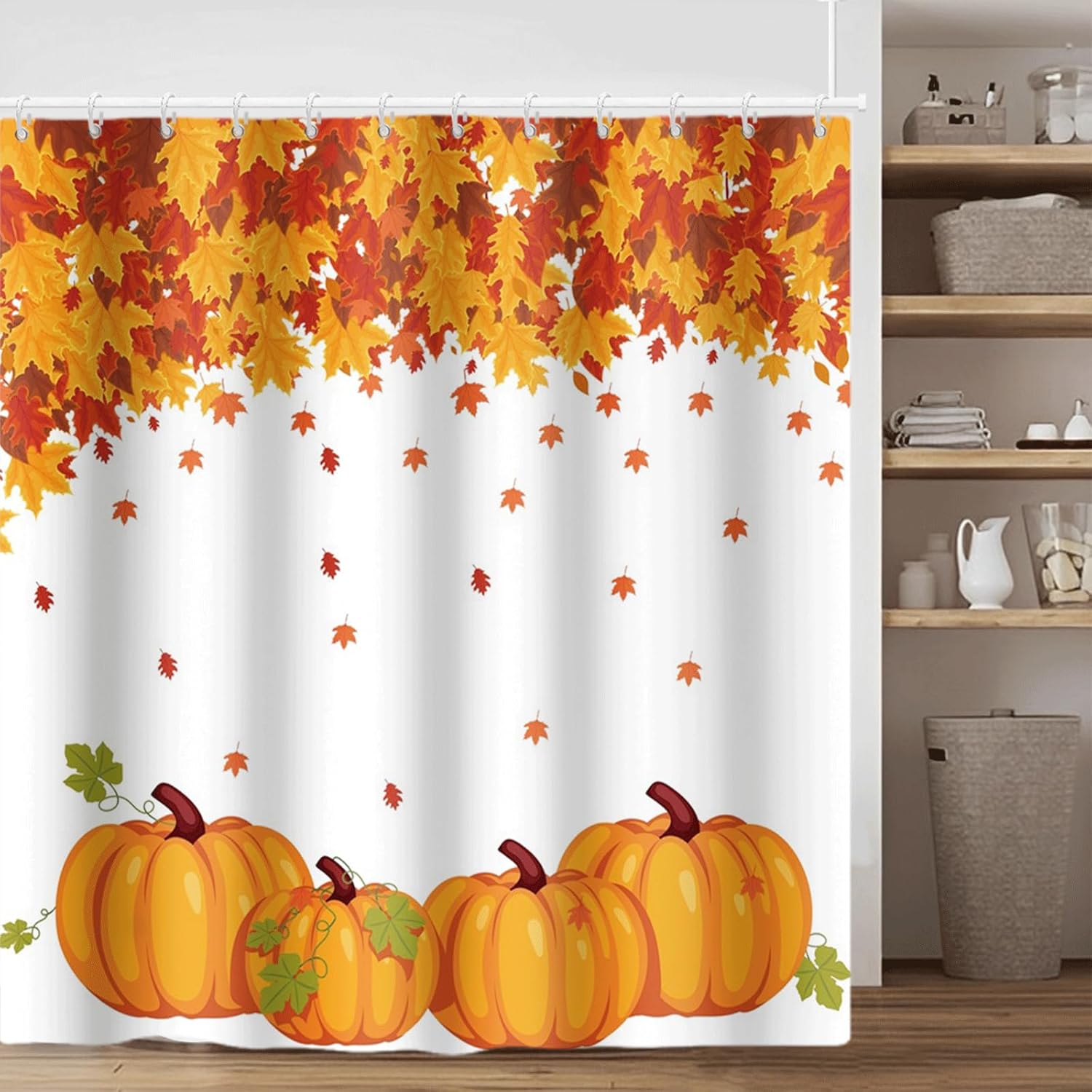 Fall Pumpkins Shower Curtain for Bathroom Waterproof Polyester Fabric Autumn Maple Leaves Shower Curtain Set Thanksgiving Holiday Home Bathtub Decoration with Hooks, 72x84in