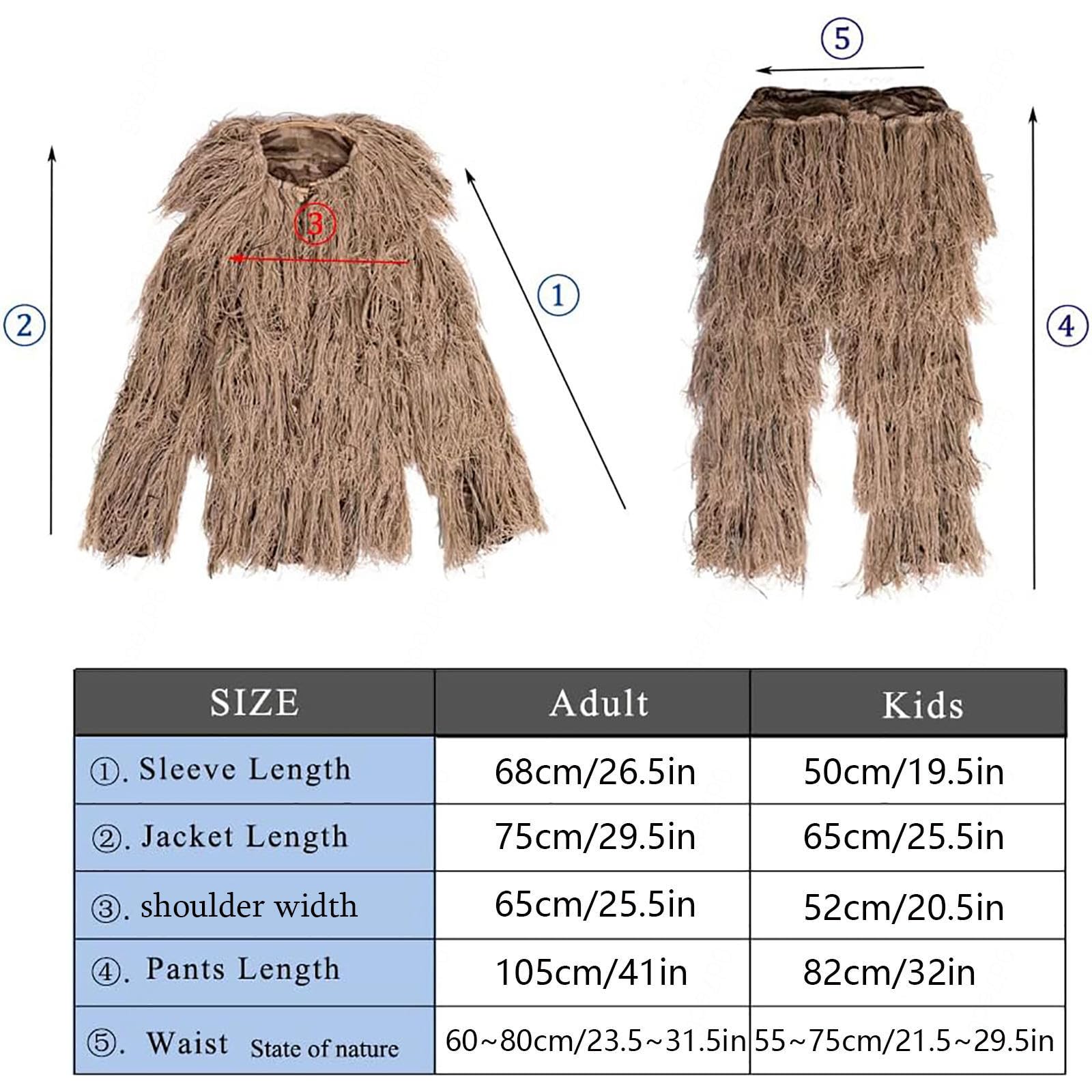 5-Teilige 3D Ghillie Suit Camouflage Jagdbekleidung Tarnanzug Herren Einschließlich Jacke,Hose,Kapuze,Tragetasche Jäger Kostüm für Paintball, Halloween-Kostüm,DryGrass-Adults