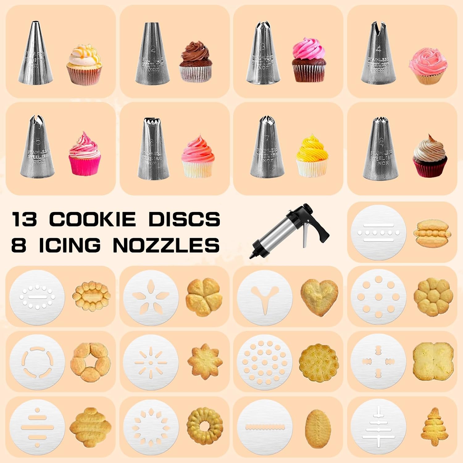 Cookie Press, Cookie Press Gun for Baking, Spritz Cookie Press, Stainless Steel Churros Maker Machine Kit, with 6 Brushes, 13 Cookie Discs, 8 Icing Nozzles, for Cookie Decorating