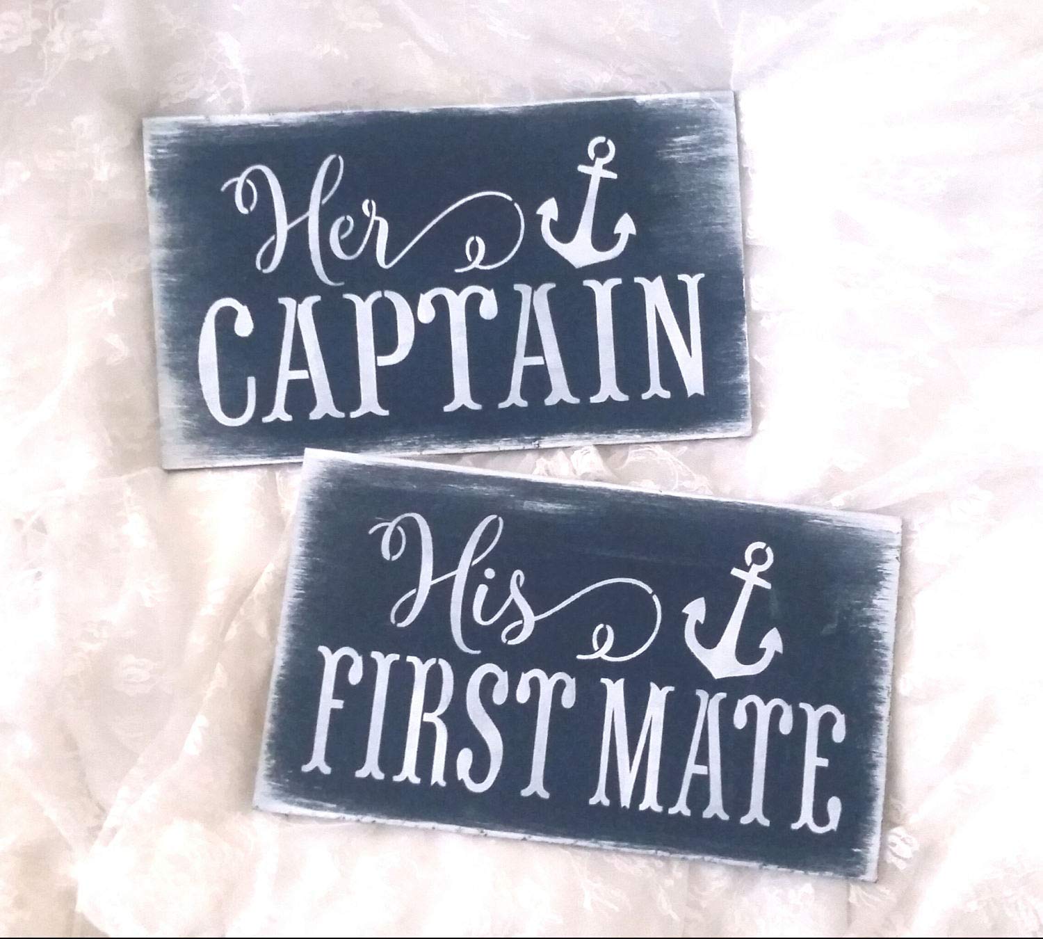 HER Captain HIS First Mate Signs/Set of Two/Wood Signs/Wedding Sign/Photo Prop Engagement Photoshoot Wedding Photography Navy Blue Nautical 829865