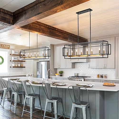 Miniatura 7 de WJShome Modern Farmhouse Dining Room Lighting Fixture, Gold 8 Light Kitchen Island Pendant Lighting, Industrial Linear Chandelier, Candle