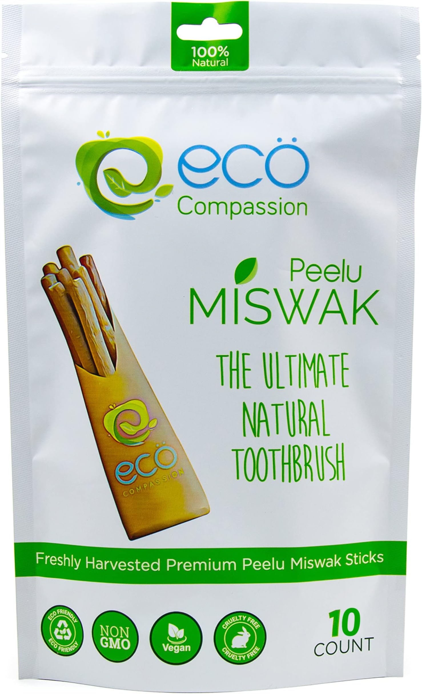 10 Peelu Miswak Sticks for Teeth by Eco Compassion, 100% Natural Toothbrush | Eco Friendly Sewak Chewing Stick | Best Natural Teeth Whitening Pen | Whiter, Fresher Breath | A Healthy Manual Toothbrush