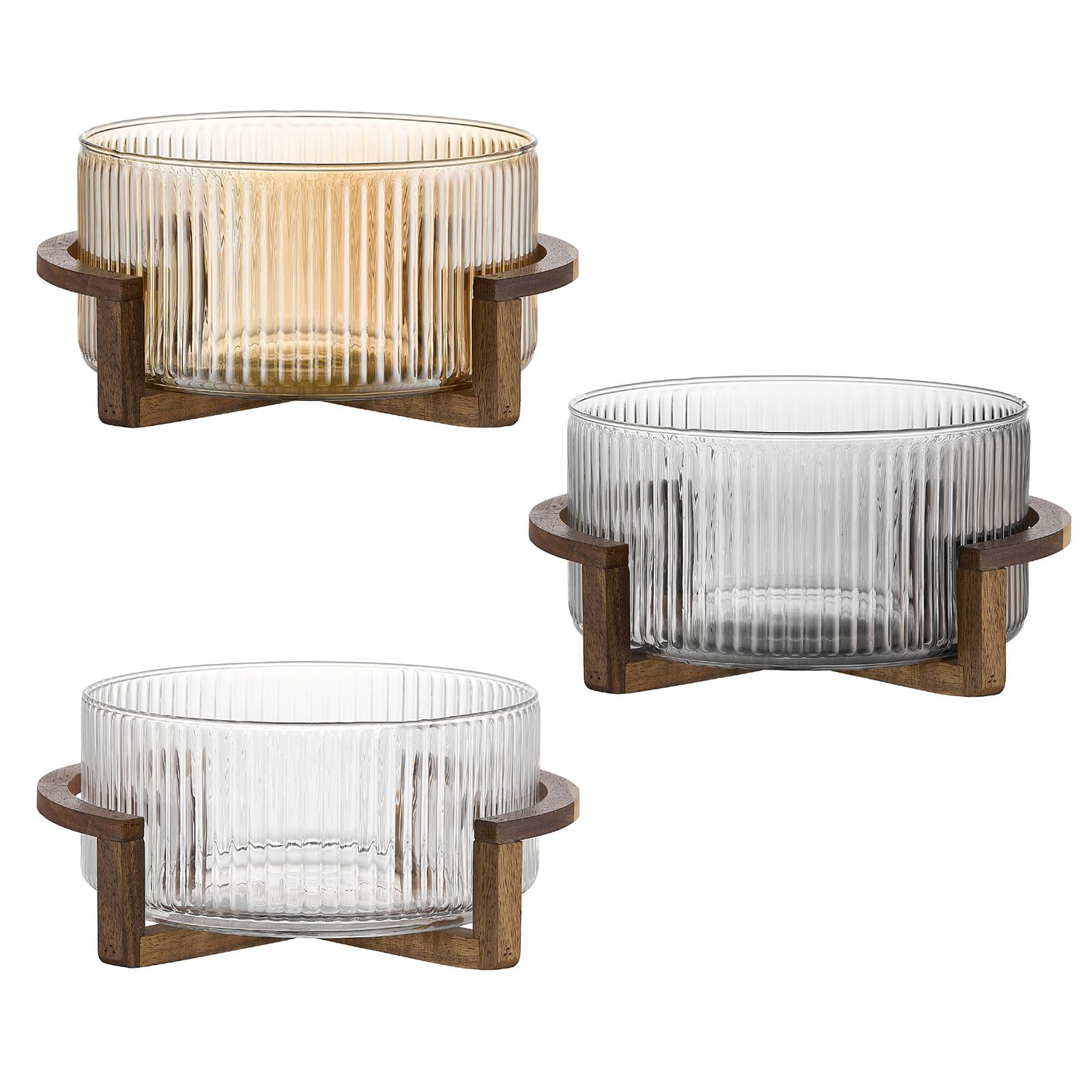Salat Servierschüssel, geripptes Glas, Holzständer, groß, Clear