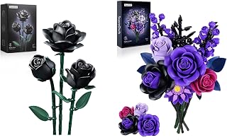 iATOM Flower Bouquet Building Set - 3Pack Black Roses & Purple Flower Bouquet, Gift for Halloween Christmas Bouquet for Adults - Gothic Retro Artificial Flowers Botanical Collection Home Decor