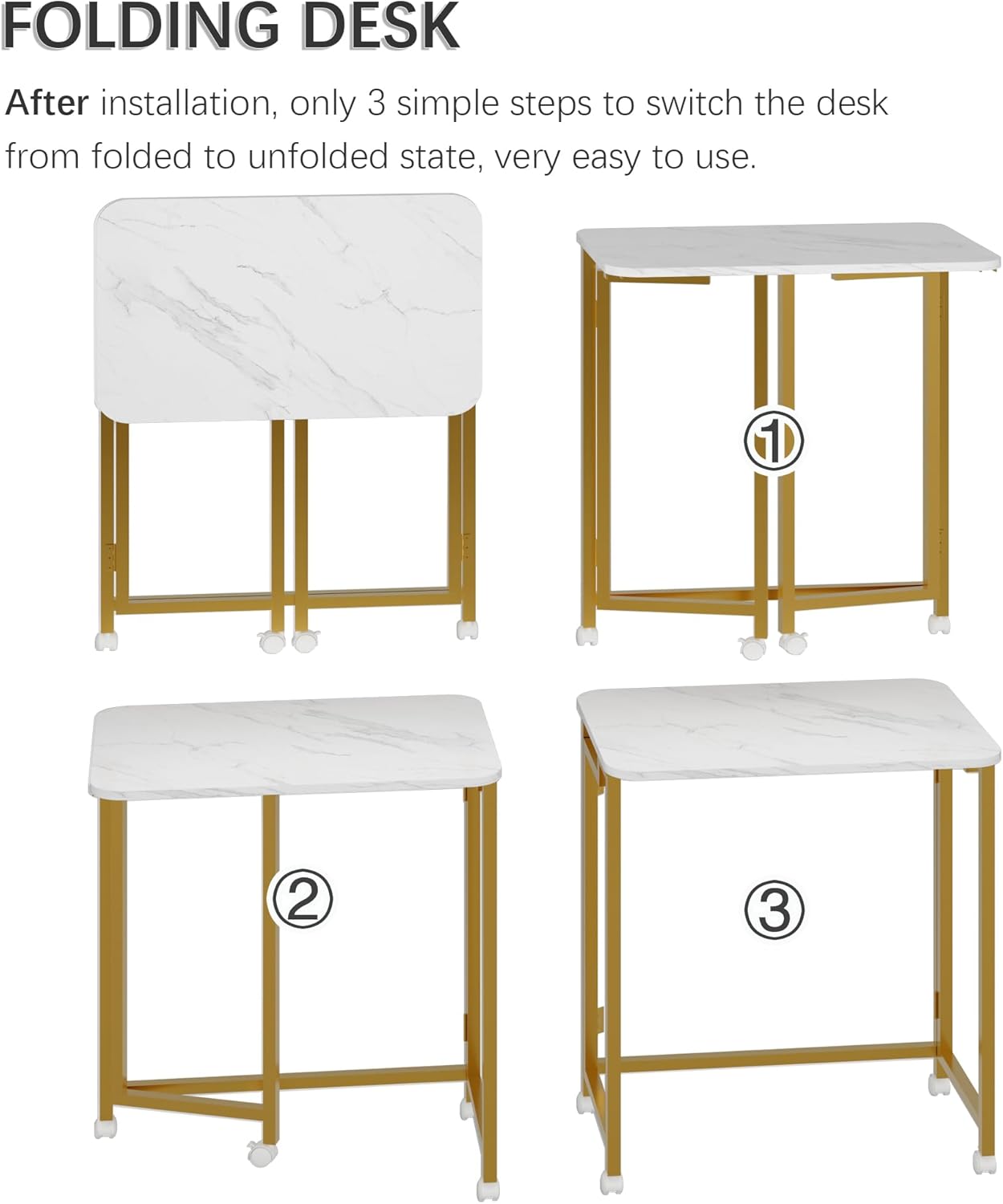 4NM 23.6" Mobile Small Rolling Computer Desk, Folding Laptop Cart Table with Wheels, Portable Office Desk for Small Space Couch Bed - White and Golden