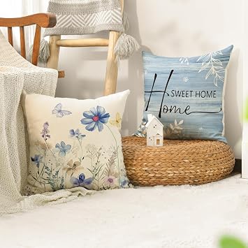 AVOIN colorlife Spring Saying Flowers Butterfly Bird Throw Pillow Covers, 18 x 18 Inch Home Sweet Home Blue Cushion Case for Sofa Couch Set of 4