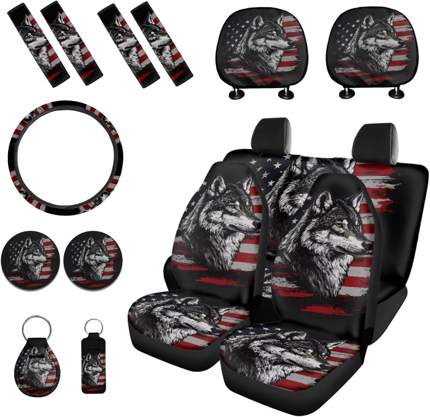 Wolf American Flag Printed 15 Pcs Car Seat Cover Full Set, Stretchy Auto Accessory Set Front Rear Seat Protector Steering Wheel Cover Seat Belt Pads Keychain