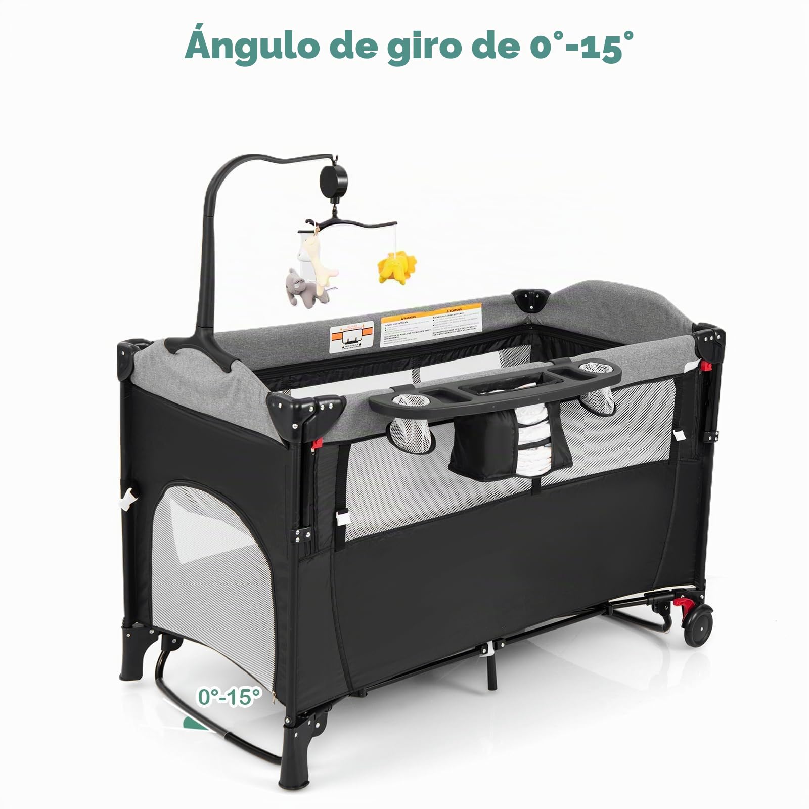 LIFEZEAL Cuna Cama para Bebé con Colchón, Cama Plegable para Bebé con Cambiador y Juguetes, Cuna de Viaje de Tejido Oxford con 2 Niveles, Altura Ajustable (Negro.)