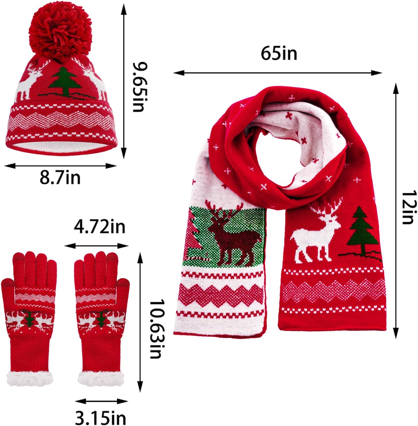 hoyuwak Knitted Hat Scarf Glove Set for Women, Pom Pom Beanie Warm Gloves Winter Scarf Winter Set for Christmas Cold Weather