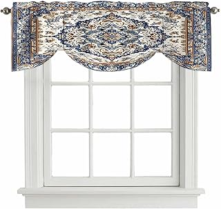 Vintage Floral Tie Up Valance for Kitchen Windows, 42x18 Inch, Navy Brown Classical Bohemian Style Adjustable Window Curtain Valance Rod Pocket Small Curtain for Living Room Bathroom Cafe