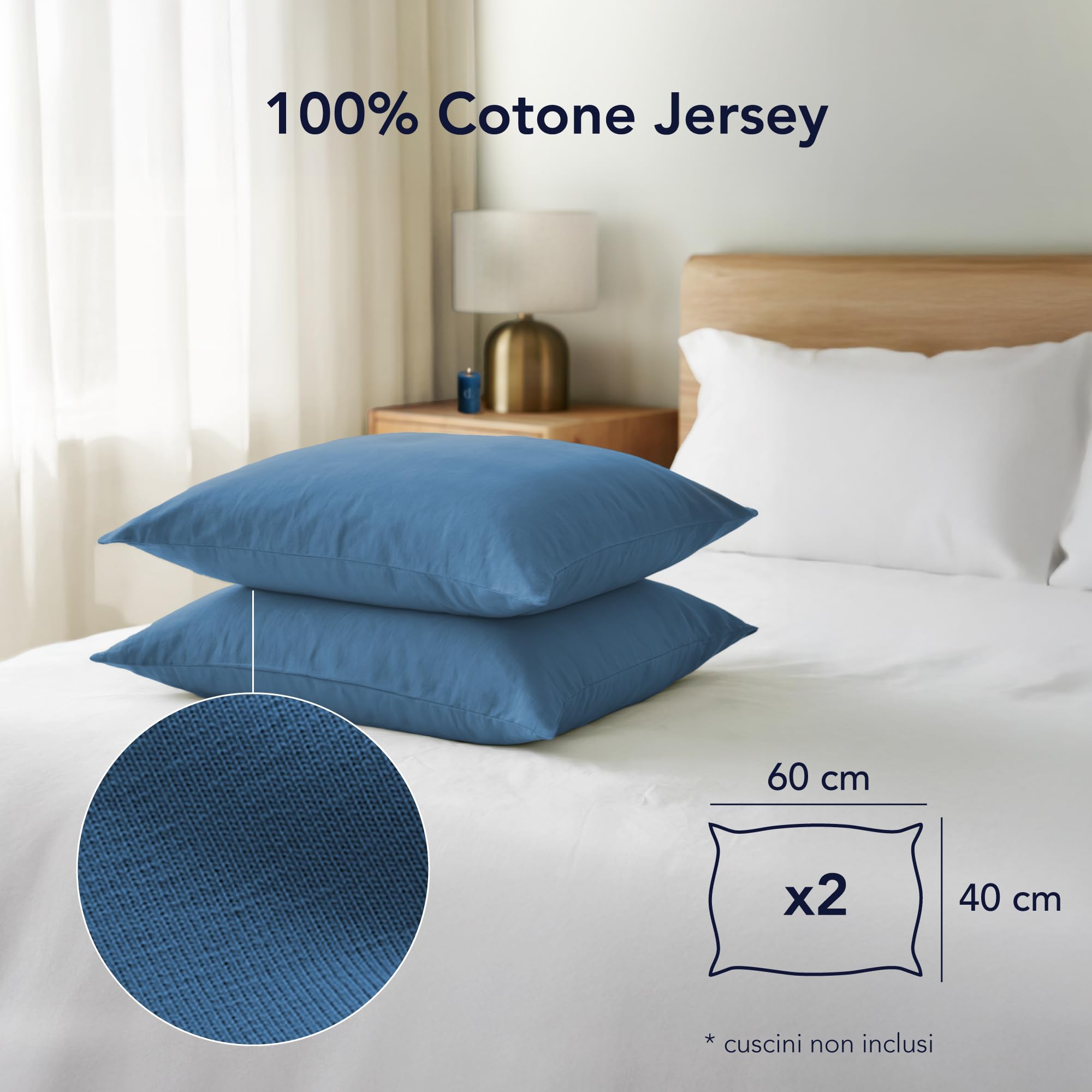 Federa Cuscino 40x60 In Puro Cotone Jersey Con Cerniera - Blu Morbido Per Divano E Letto