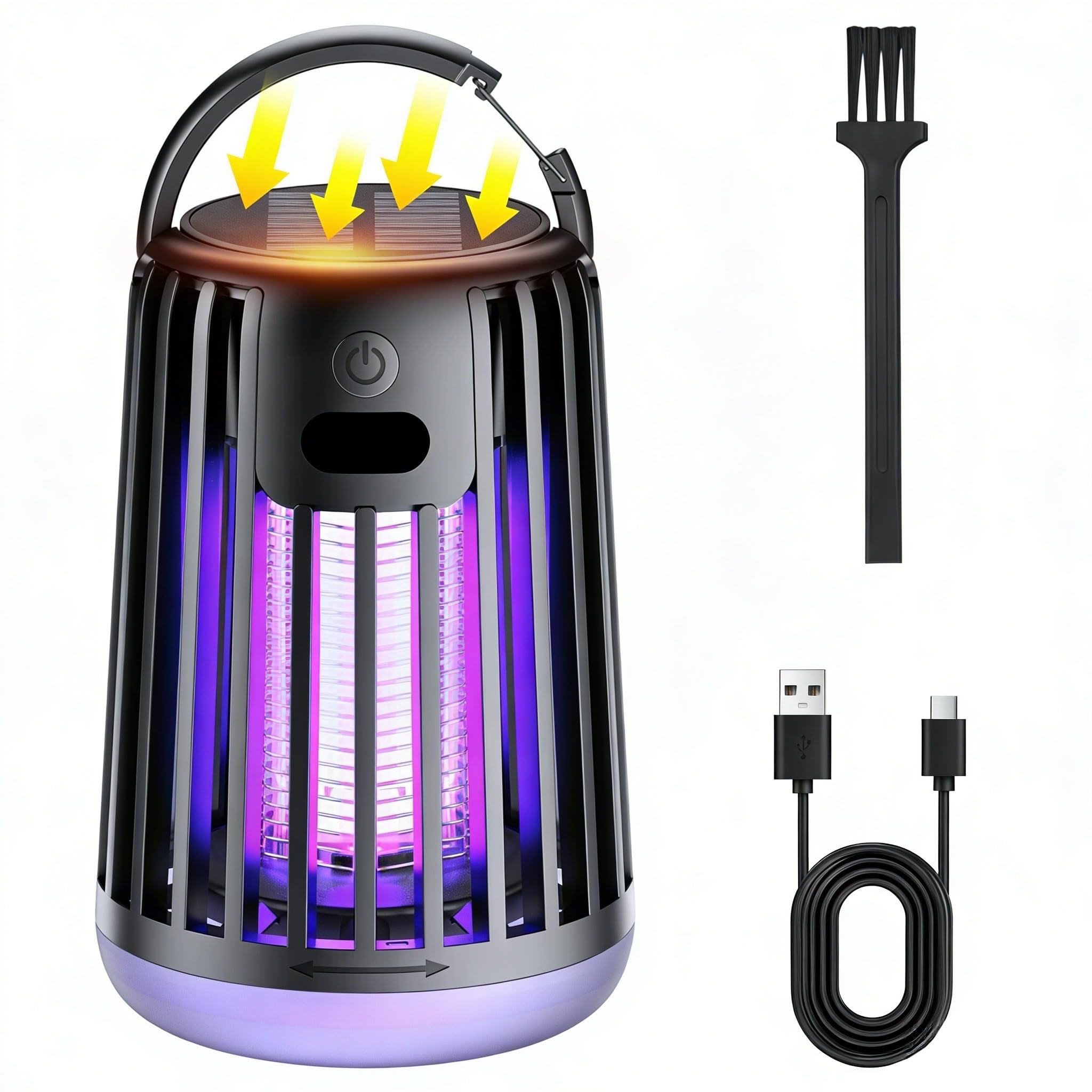 Electric Bug Zapper - 2000V Solar Insect Pest Fly Killer, Electric Fly Zapper with Cleaning, 360° Hangable Brush USB Charging Cable & Solar, Dual-Function Mode, Outdoor & Indoor Mosquito Killer Lamp