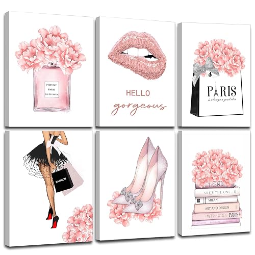 FRAMED Pink Makeup Room Canvas Wall Art, Fashion Woman Picture Wall Decor Paintings, Watercolor Perfume High Heels Lipstick Beauty Room Decor Pictures Arts for Girls Women Room Decor, (Set of 6, 12x16 in, Framed) - 12"L x 16"W - Pink