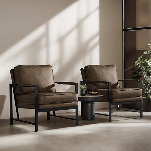 Miniatura 7 de Yaheetech Sillón de piel sintética, silla retro de ocio con acolchado y cojín extrasuave, moderna silla de lectura con marco de metal negro para