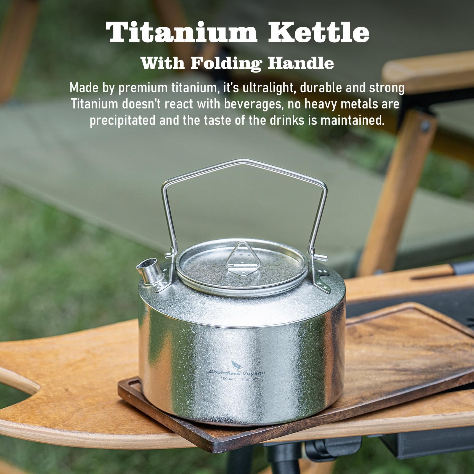 Boundless Voyage Teekanne aus Titan, für Outdoor Camping, ultraleicht große Kapazität Der Titan-Wasserkocher, mit klappbarem Griff, 1L (Silber)