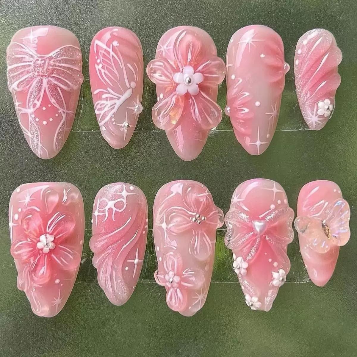 Almond Press on Nails Pink Fake Nails Medium False Nails with 3D Flower Butterfly Bow Charms Design Glossy Glue on Nails Pearl Rhinestone Full Cover