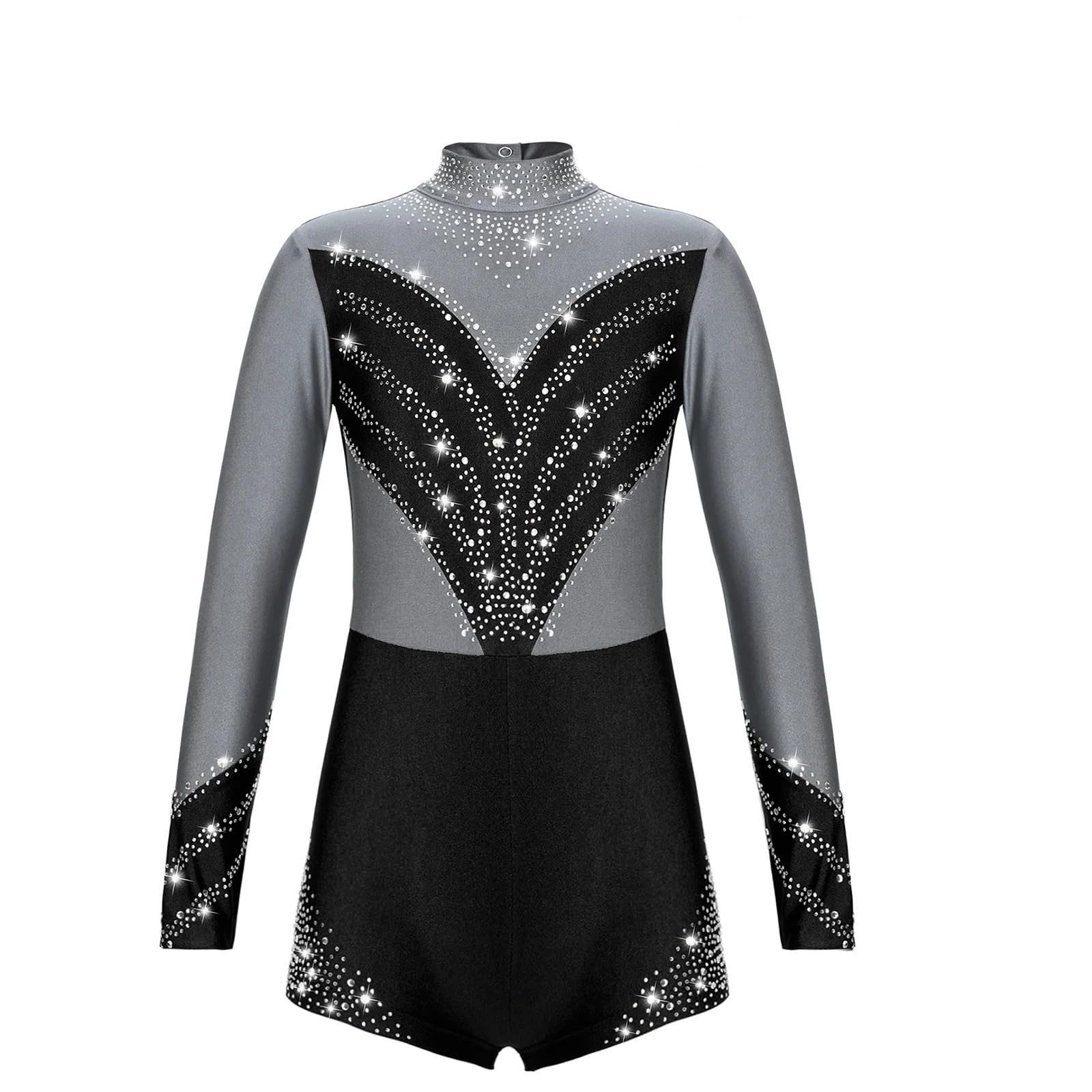 Gymnastikanzug Mädchen Ballettanzug for Mädchen, Tanzanzug, Eiskunstlauf, Gymnastik, Akrobatik, Bühnenkostüm, langärmelig, glänzender Diamant-Bodysuit(Silver Grey Black A,8)
