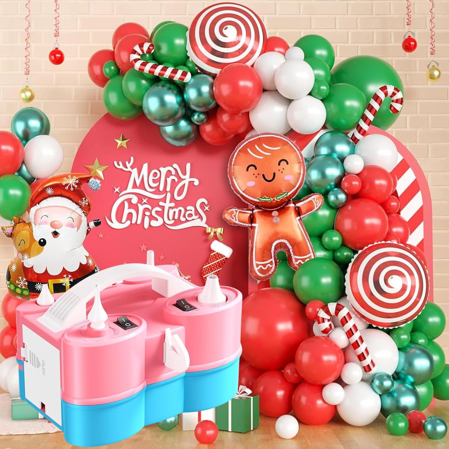 Biapian Blue Pink Electric Balloon Pump, 3-in-1 Portable Air Pump and Christmas Balloon Arch with Metallic Green Red White Christmas Latex Balloons
