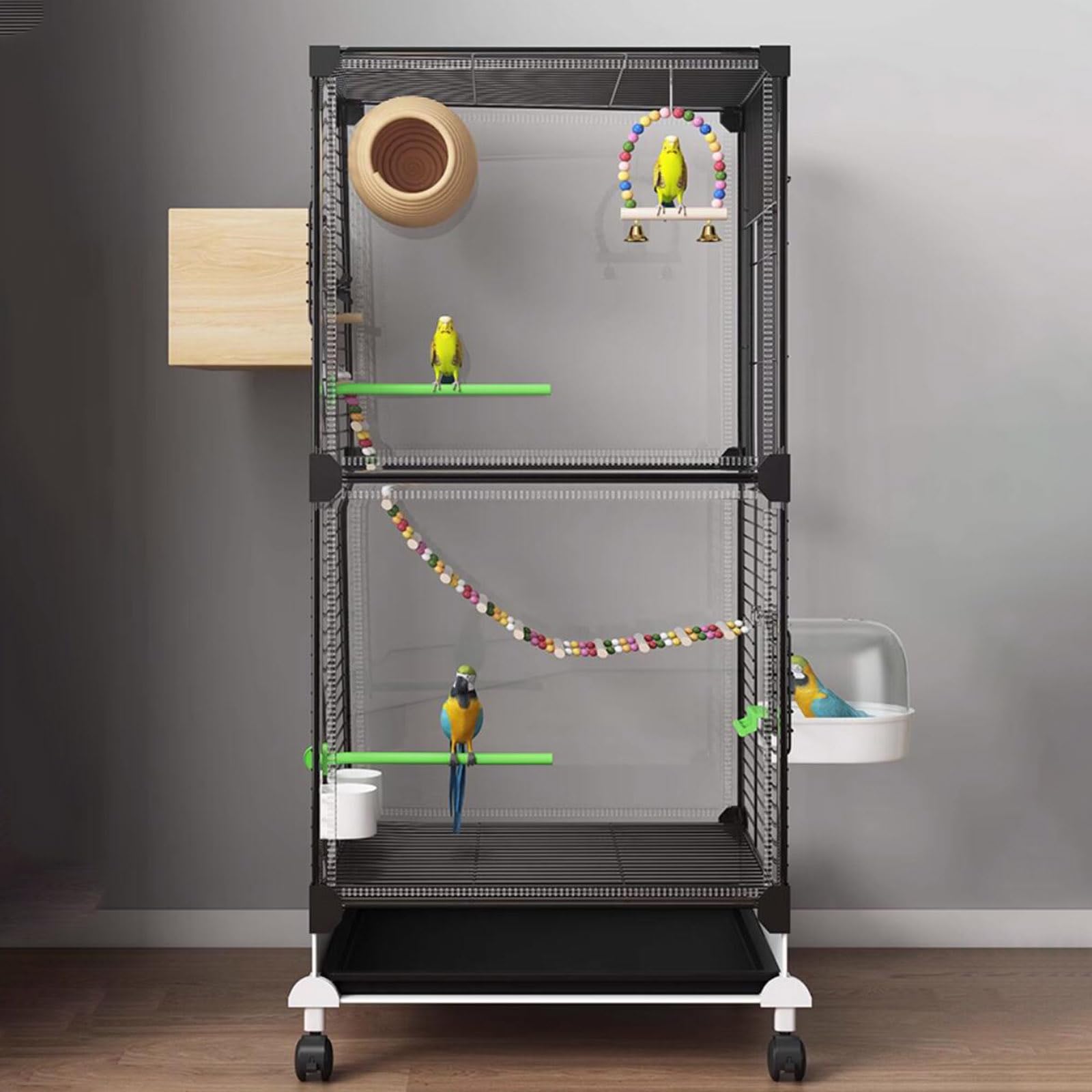 Jaula para pájaros, jaula para loros, jaula de periquitos movible de 2 niveles con ruedas, jaulas extragrandes para pájaros con casa de pájaros para loros, conuros, periquitos de cacatúas