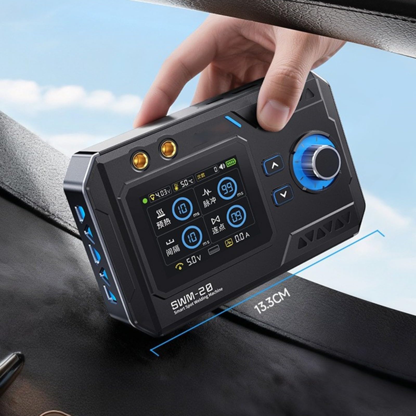 SWM-20 - Saldatrice a punti a doppia pulsazione, tenuta a mano, 1200 A, alta corrente con batteria ricaricabile da 5000 mAh, penna di saldatura in rame e display a colori TFT da 2,4 pollici