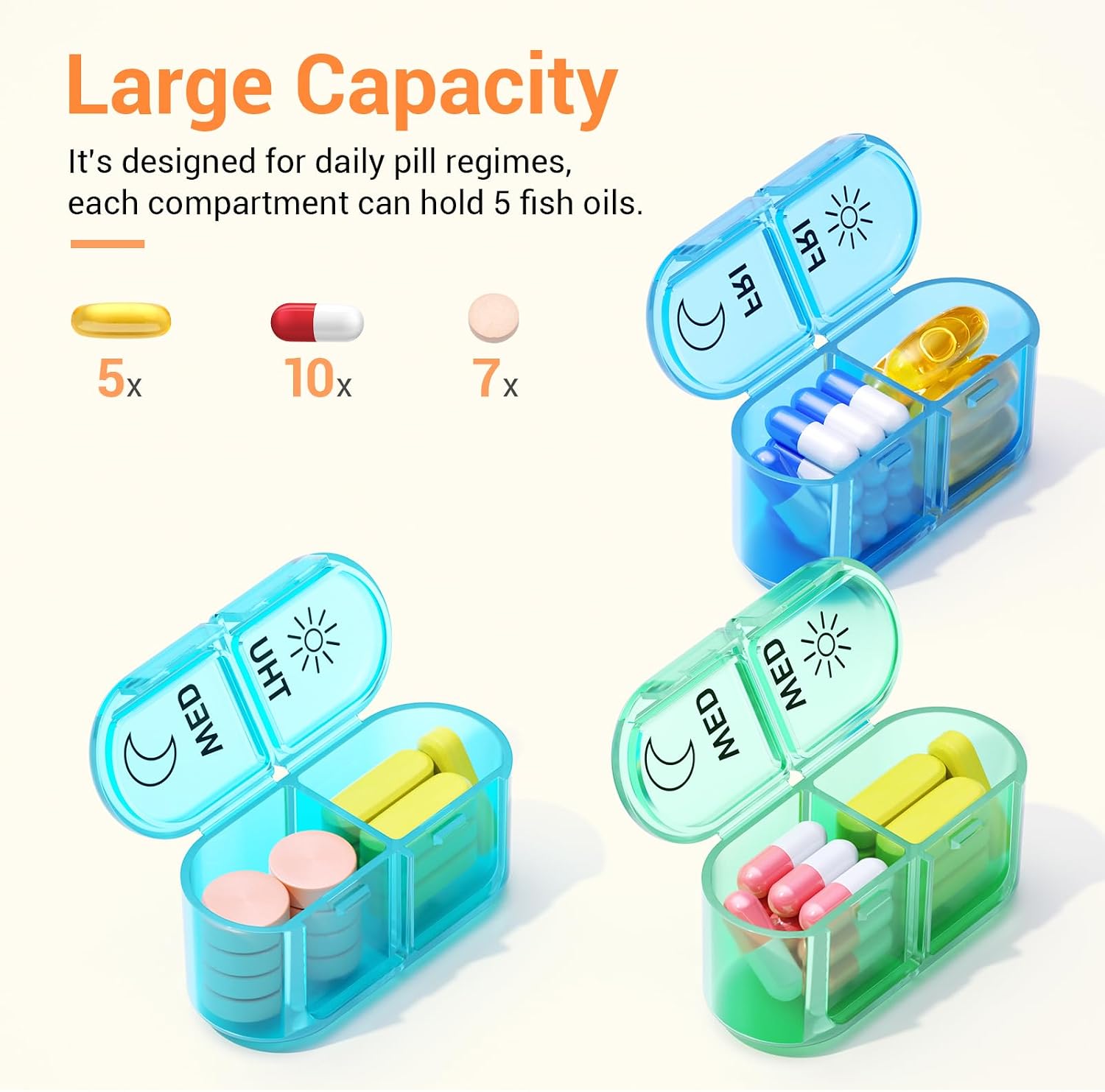 Weekly Pill Organizer 2 Times a Day - AM PM Pill Organizer with 7 Daily Color-Coded Small Cases, Morning and Night Travel Pill Cases for Vitamins, Medicine, & Supplements | Arthritis-Friendly, Large Capacity, Color-Coded, BPA-Free, Big Print, Clear View, Spill-Proof, Travel-Ready