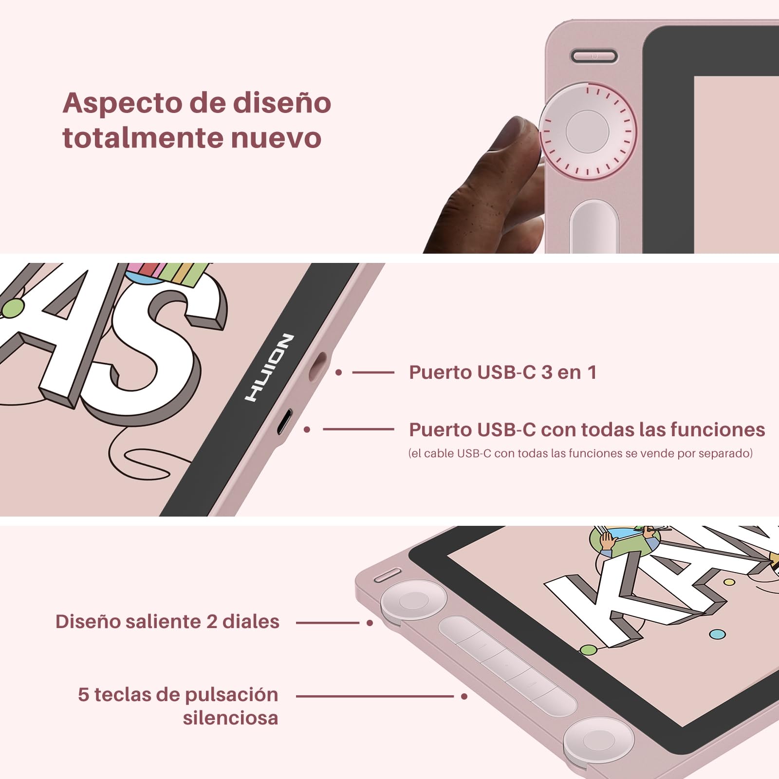 HUION Kamvas 13 Gen3 2024 Tableta Gráfica con Pantalla, Tableta de Dibujo 13.3" Vidrio Anti Brillo Canvas, Pentech 4.0, 16384 Presión del Lápiz, Doble Dial para PC, Mac, Android, Rosa