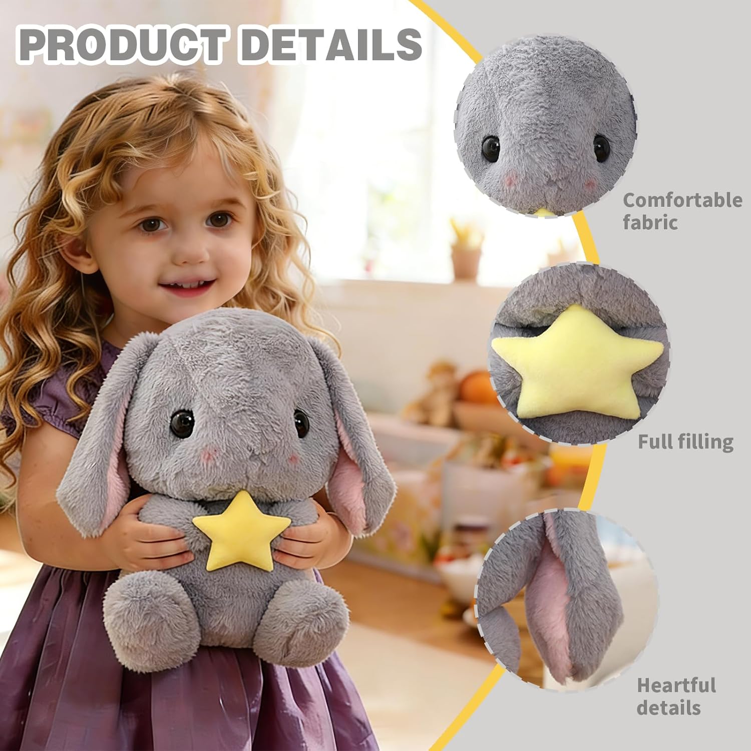 HOUPU Soft Toy - Sitting Lop Eared Rabbit, Easter White Rabbit Stuffed Bunny Animal with Carrot Soft Lovely Realistic Long-Eared Standing Pink Plush Toys (Gray-Star,16.9in/43cm)