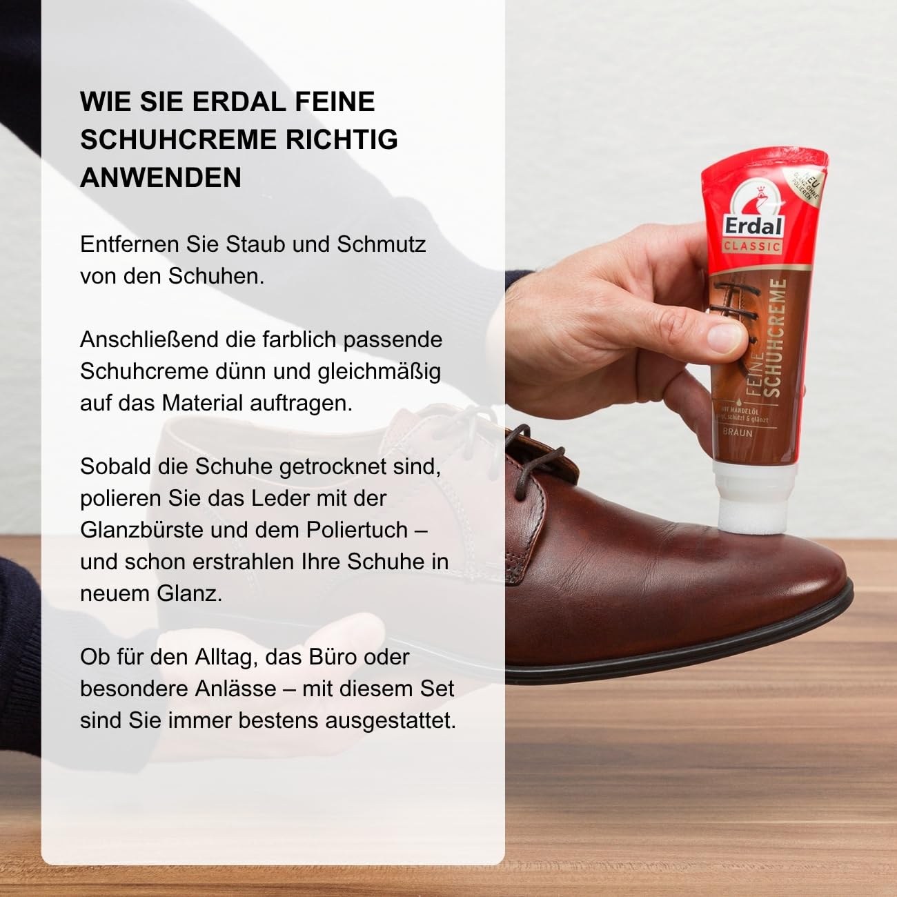 Erdal Schuhpflegeset Feine Schuhcreme, Farbauffrischung Glanz & Schutz, für Glattleder, Schuhpflegemittel-Bundle 6-teilig, mit Tubencreme für, 2 Glanzbürsten & Poliertuch für Lederschuhe