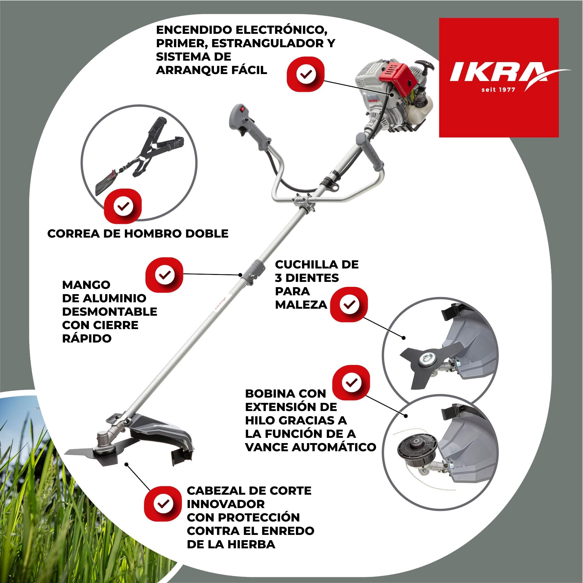 IKRA desbrozadora a gasolina IBF 31-4, con bobina de hilo & cuchilla | 31 cm³, 0,7 kW, sistema antienredos, potente motor de gasolina de 4 tiempos, sistema de arranque fácil