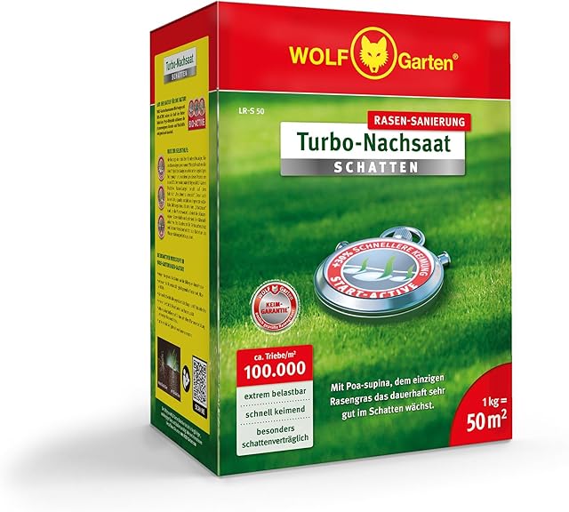 WOLF-Garten WOLF-Garten Turbo-Nachsaat „SCHATTEN“ zur Rasensanierung LR-S 50 (für 50 m², hohe Dichte mit ca. 100.000 Trieben/m², speziell auf schattige Lagen, mit WOLF-Garten Keimgarantie, im 1kg Karton) 3826636 — Saat & Dünger