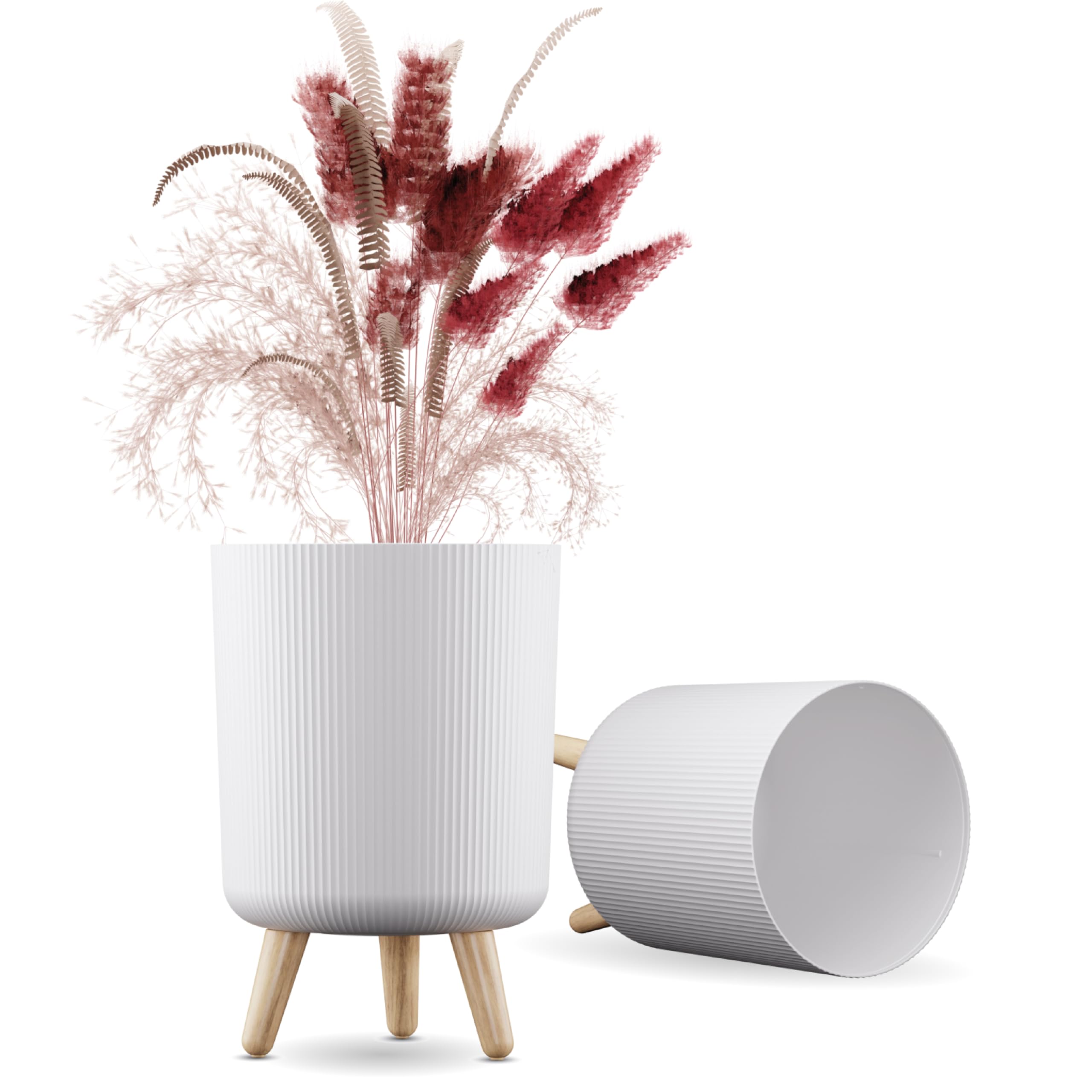 Modern Flower Pots with Wooden Legs - Beige Set of 2 -13