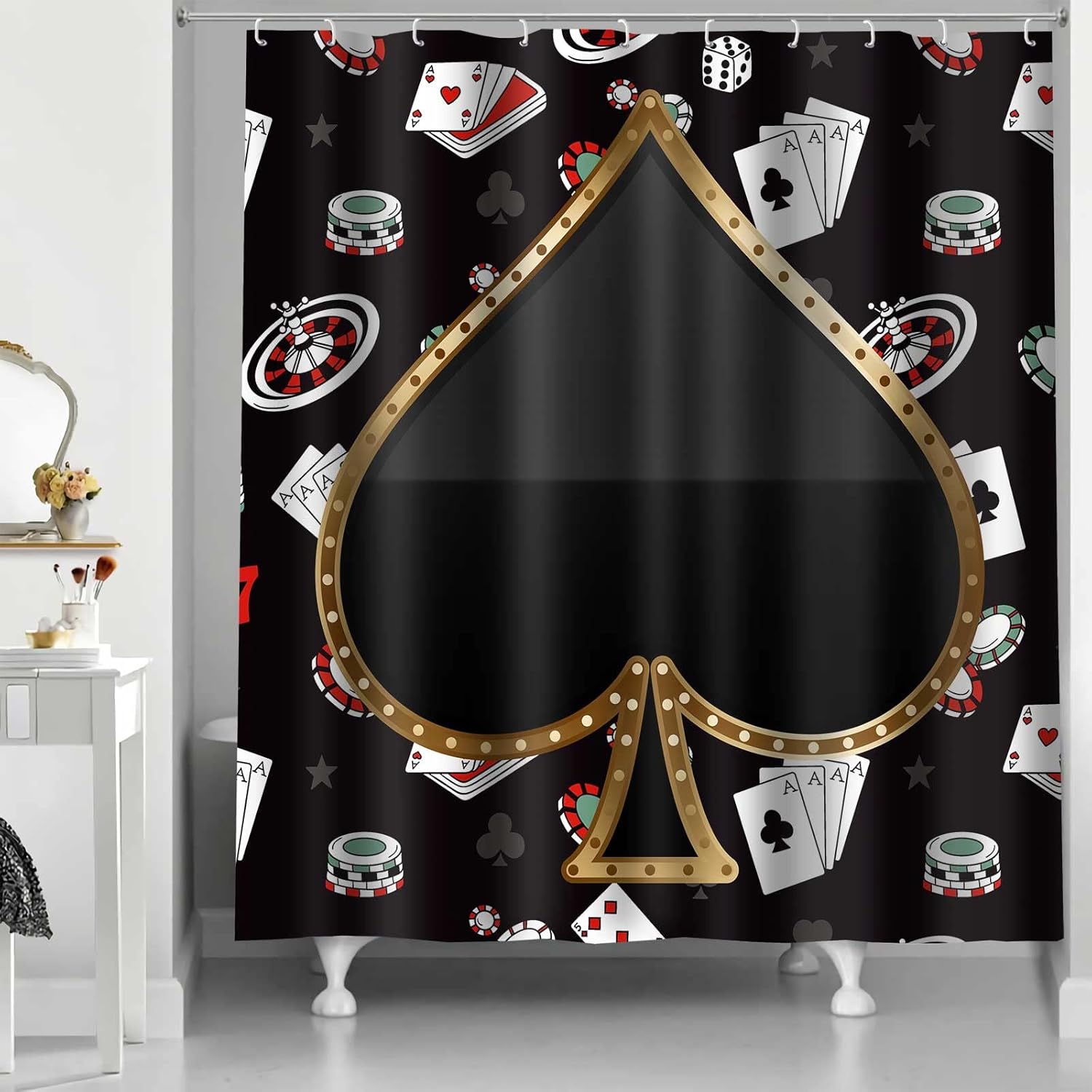 Poker Casino Shower Curtain Card Game Spades Bath Curtain 72x72 Inches Polyester Chips and Poker Cards Gambling Theme Bathroom Decor with 12 Hooks