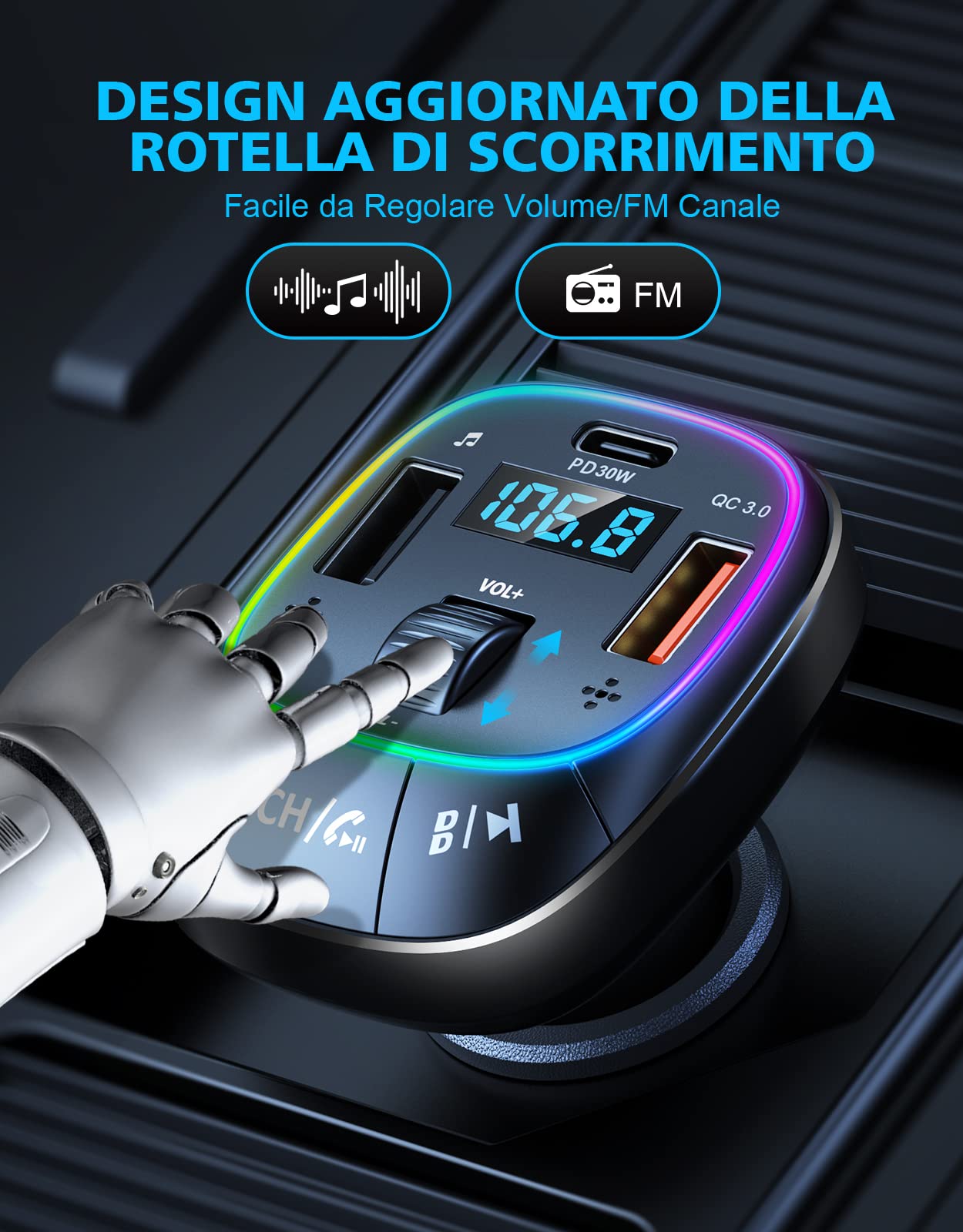 Trasmettitore FM Bluetooth, Auto Radio Bluetooth 5.3 per Accendisigari, Caricato Trasmettitore FM Bluetooth, Auto Radio Bluetooth 5.3 per Accendisigari, Caricato