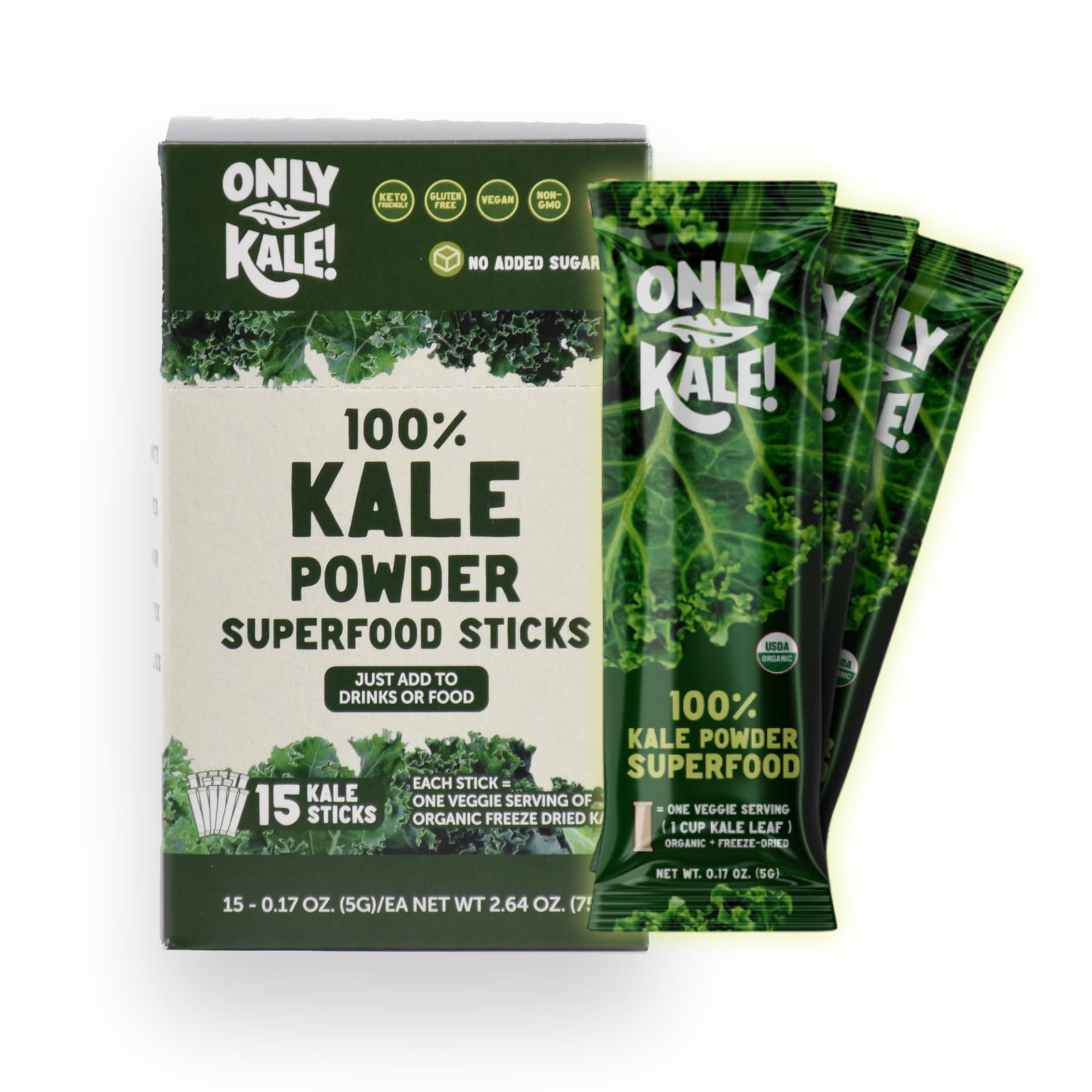 OnlyKale Pó de couve orgânico em sachês, 15 sachês, 75 g