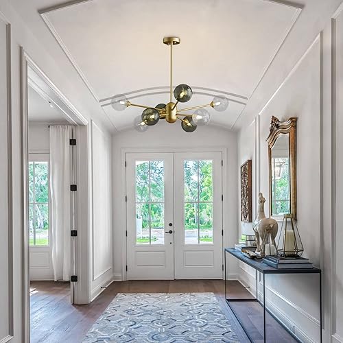 Miniatura 5 de KCO Lighting Modern Sputnik Candelabro de 8 luces – Candelabro satélite de latón cepillado con bolas de vidrio a rayas verdes – Iluminación de