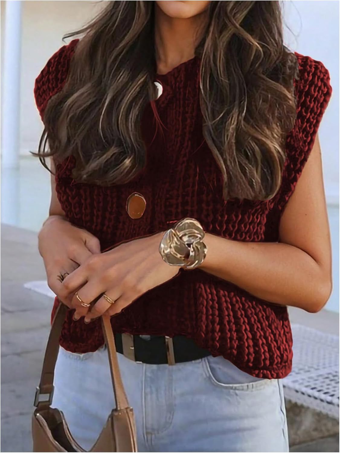 GORGLITTER Women's Button Up Cropped Sweater Vest Crewneck Sleeveless Knitwear with Pockets - Image 2