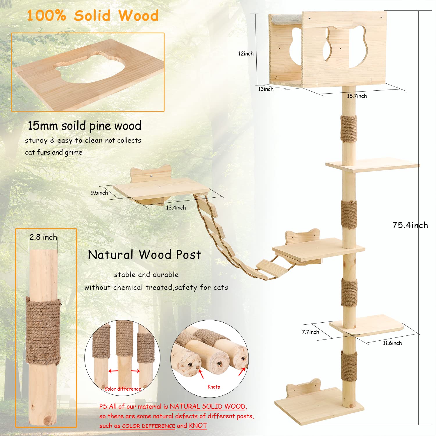 Cat Tree House Wall Mounted for Indoor Cats Climbing Shelves and