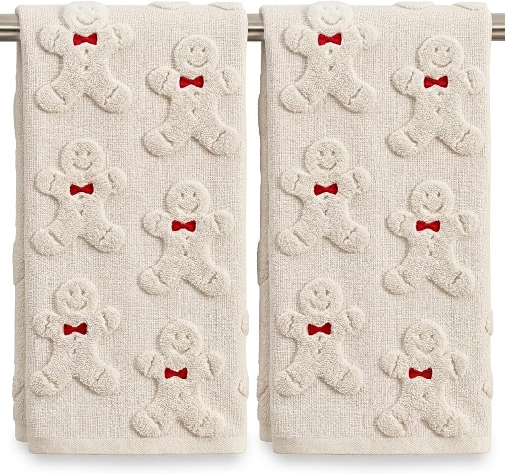 2Pcs Christmas Hand Towels for Bathroom 100% Cotton Brown Gingerbread Jacquard Embroidered Bathroom Bath Towels Kitchen Dish Towels Decor Holiday Winter Gift(Beige Gingerbread)