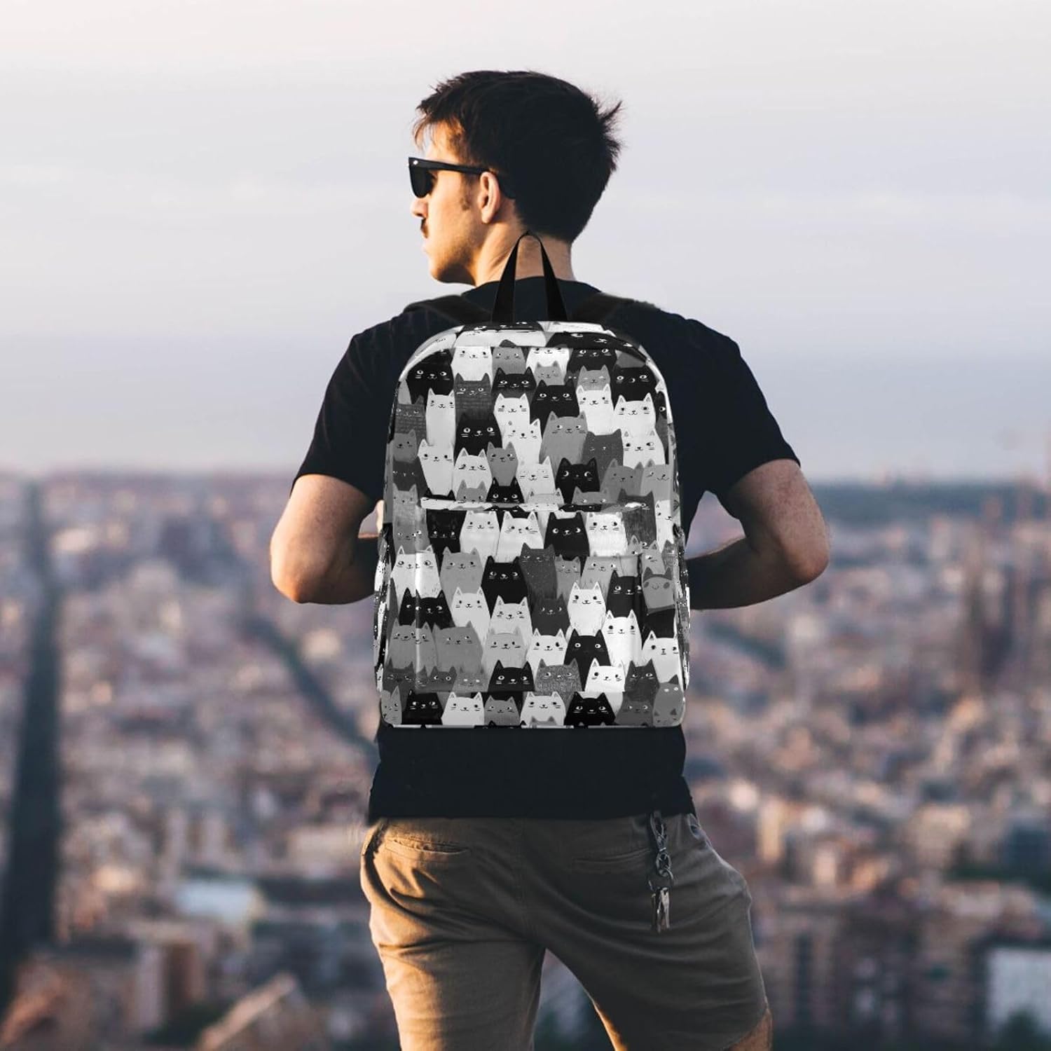 Cute Funny Cats Black White Check Pattern Large Portable Laptop Backpack,Durable Travel Bag for Men Women School Bookbag Work Fit 16.5 Inch Notebook