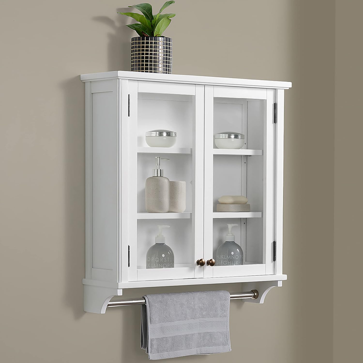 Dorset 27 in. W x 29 in. H Wall Mounted Bathroom Storage Cabinet with Organizing Shelves, Mirror, Towel Rod, and Tempered Glass Doors -Generous Space for Toiletries, Towels, and Supplies-White Finish