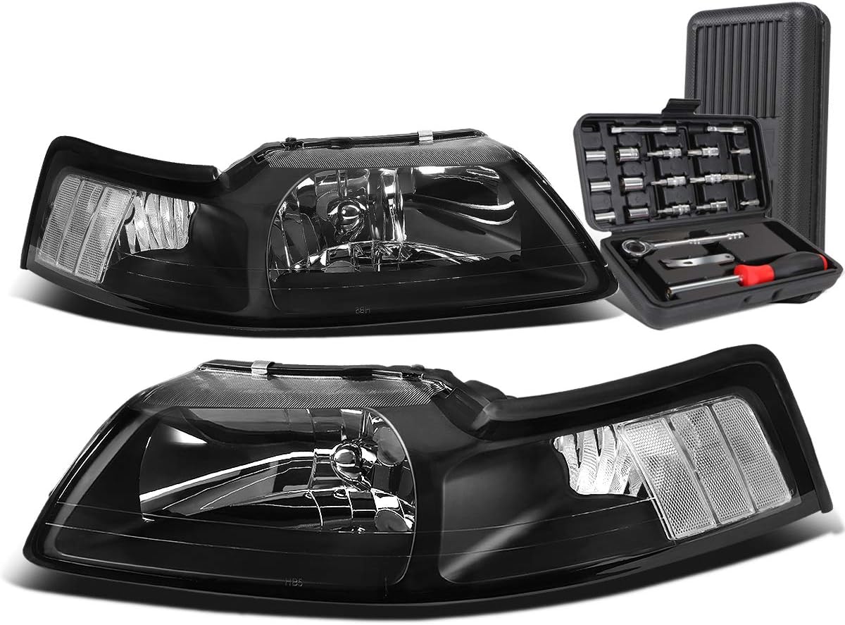 Auto Dynasty Black Housing Clear Corner Headlight Head Lamps+Tool Kit Compatible with Ford Mustang 99-04