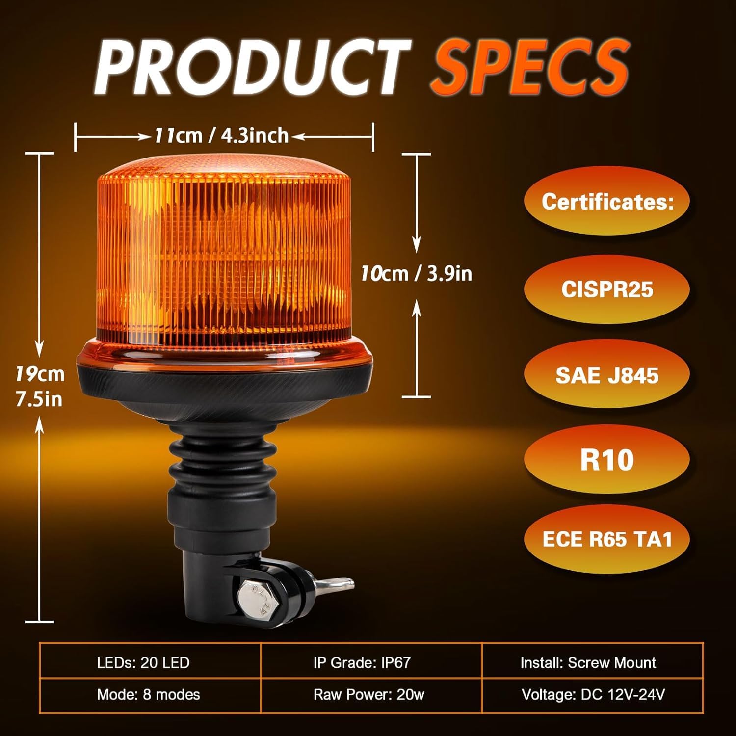 2 Stück LED Rundumleuchte, Orange Warnleuchte, 4 rotierende Muster 1 Kreuzfahrt 12V-24V DC IP67 für Auto, UTV, Traktor, Gabelstapler, Golfwagen
