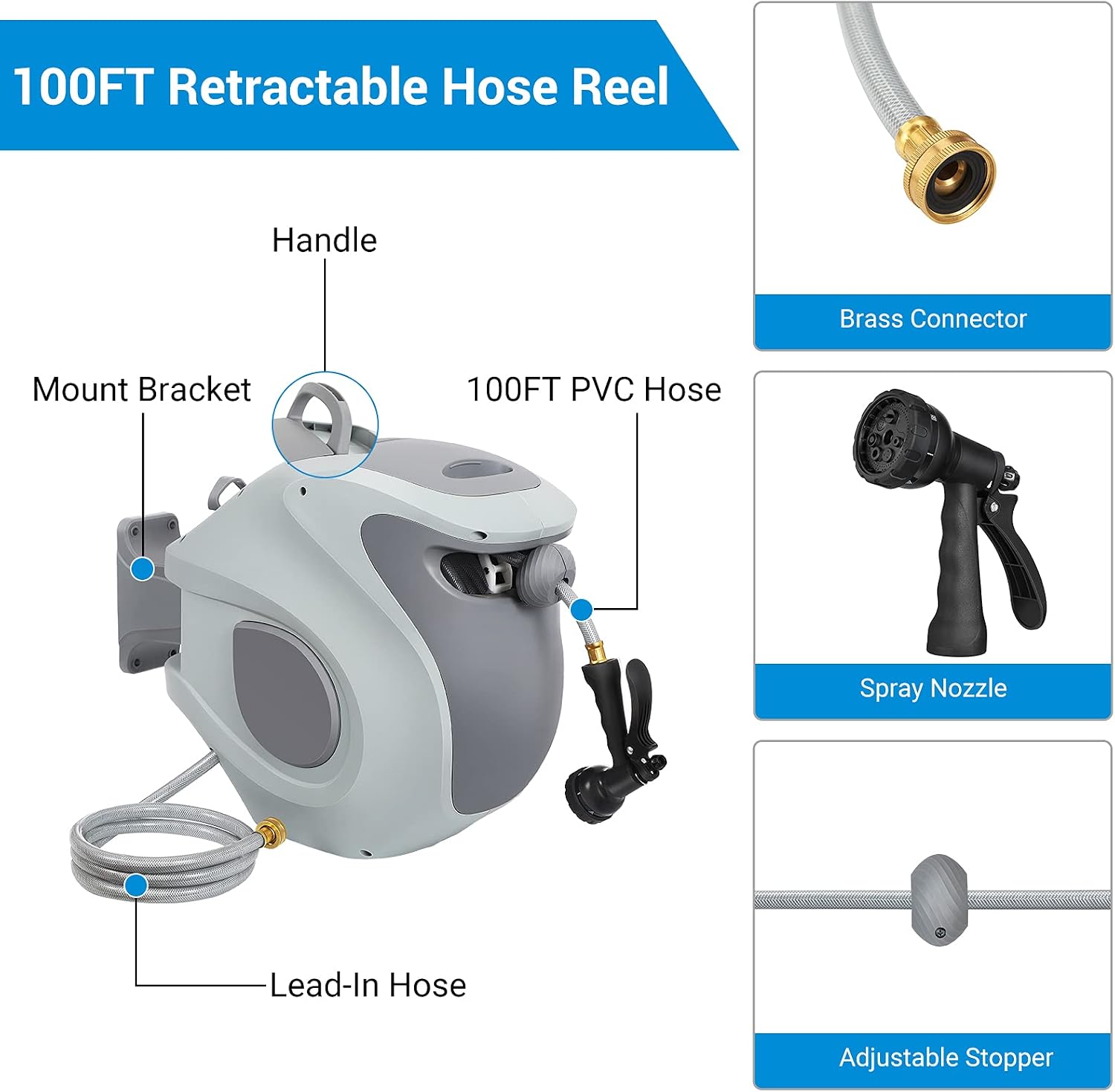 DEWENWILS Retractable Garden Hose Reel with Wall Mount 1/2"×100ft with 7-Pattern Spray Nozzle, Any Length Lock, 180°Swivel Bracket, Auto Rewind Water Hose Reel for Outdoor Watering